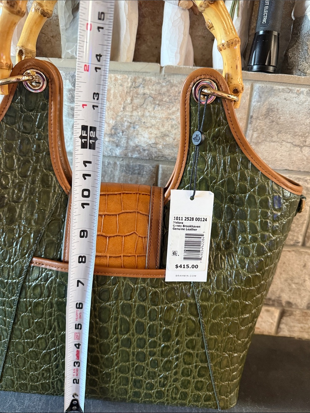 Brahmin Melora Green Brookhaven Croc-Embossed Bamboo Handle Tote - Picture 4 of 6